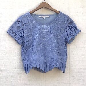 Lovers + Friends lace Daycation crochet scalloped light blue Crop top Blouse